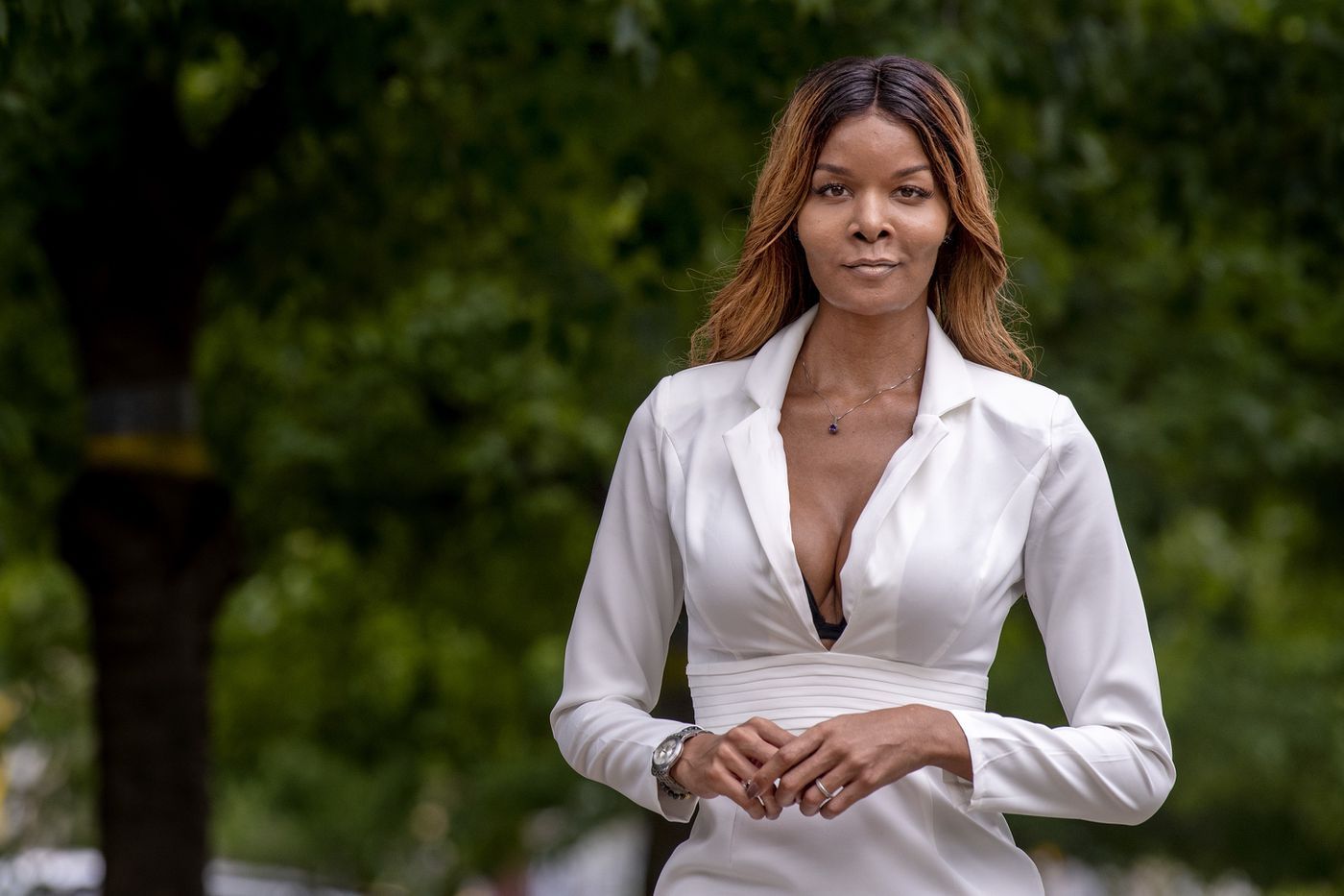 Sharron Cooks, the owner & CEO of Making Our Lives Easier, a consulting firm that advocates for marginalized communities poses in Cedar Park in West Philadelphia June 25, 2020. Image by Tom Gralish. United States, 2020.