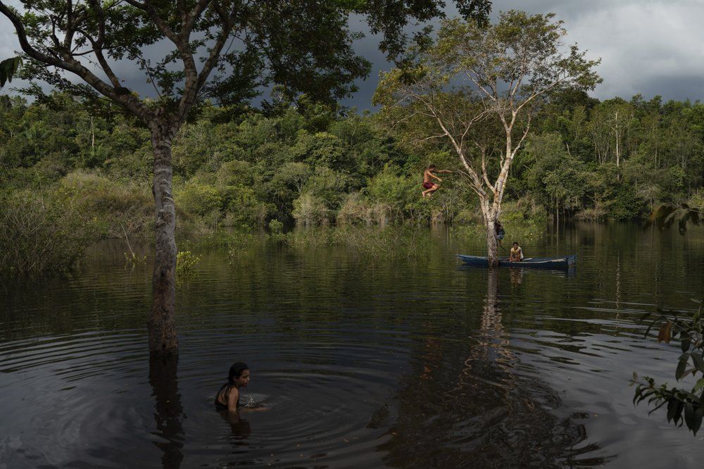 Sateré Mawé indigenous children play in the Tarumã Açu River River in the Gaviao community near Manaus, Brazil, Friday, May 29, 2020. The indigenous people of Manaus live together in poor neighborhoods where they struggle to maintain their native languages, culture, and identity on the fringes of Brazilian society. Image by Felipe Dana / AP Photo. Brazil, 2020.