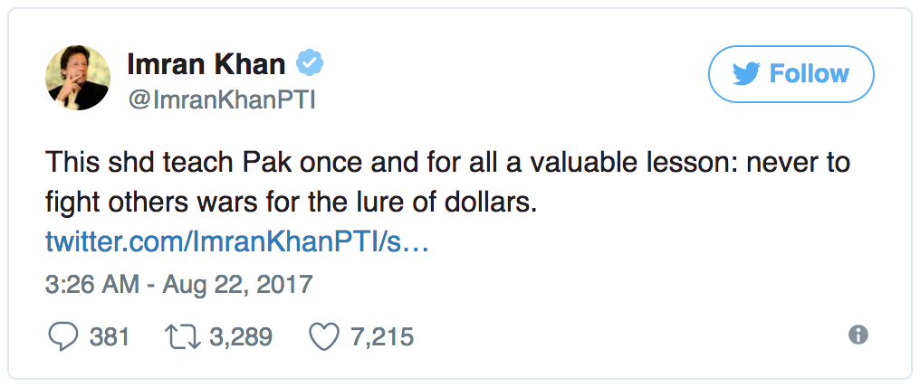 Tweet by Imran Khan. Pakistan, 2017.