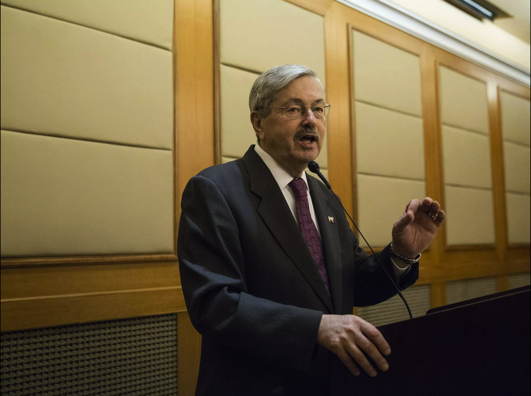 Terry Branstad, U.S. ambassador to China gives a short speech during an Iowa Sister States reception on Wednesday, Sept. 20, 2017, in Beijing, China. Image by Kelsey Kremer. China, 2017.
