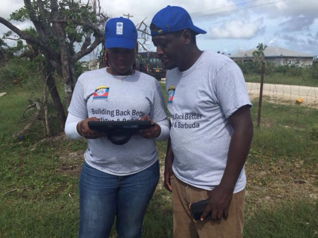 Workers check data on the Building Damage Assessment app. Image courtesy United Nations Development Program.