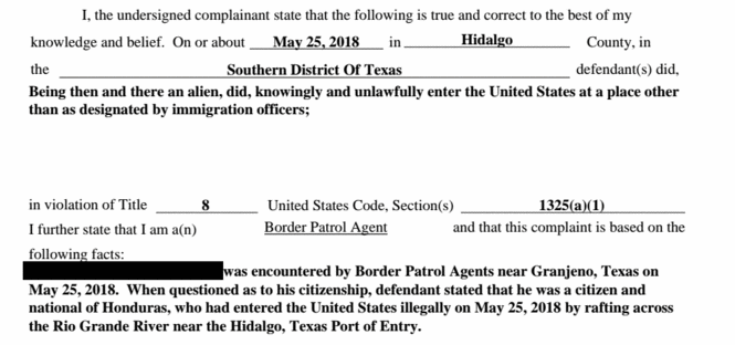 Part of the criminal complaint filed against "Carlos." He pled guilty to illegally entering the U.S. on May 29, 2018. Image by Jay Root. United States, 2018.