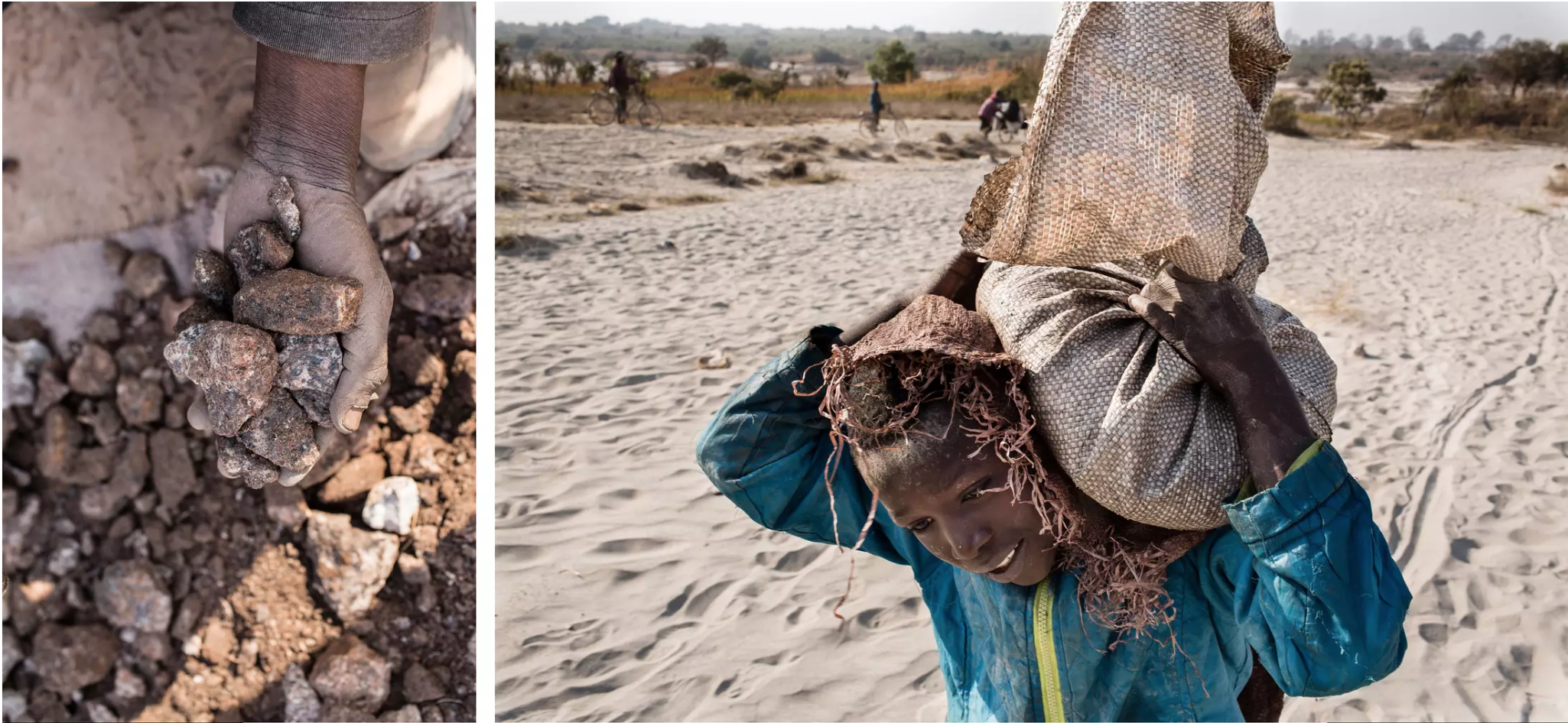 Left: A miner holds chunks of cobalt he has dug out at the Kasulo mine near Kolwezi in the DRC. Right: An 11-year-old mine worker named Daniel carries a bag of cobalt from a dig site to a depot to be sold. Image by Sebastian Meyer. Democratic Republic of Congo, 2018.