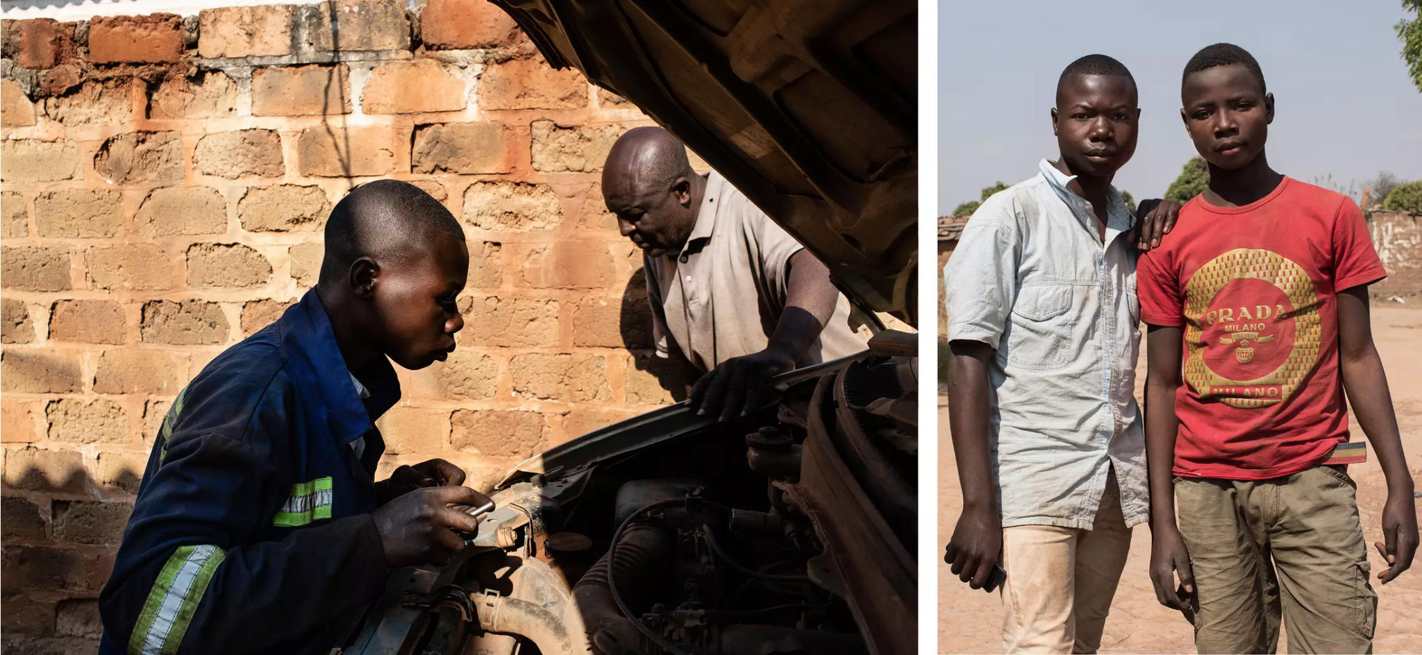 Left: Thomas Muyamba, 16, works on a car engine with Vincent Kalangi, his teacher. Muyamba used to mine cobalt but is now in an Apple-funded apprenticeship program. Right: Muyamba, in button-down shirt, with his friend Lukasa, 15, who rises before dawn six days a week to work in the cobalt mines. Image by Sebastian Meyer. Democratic Republic of Congo, 2018.