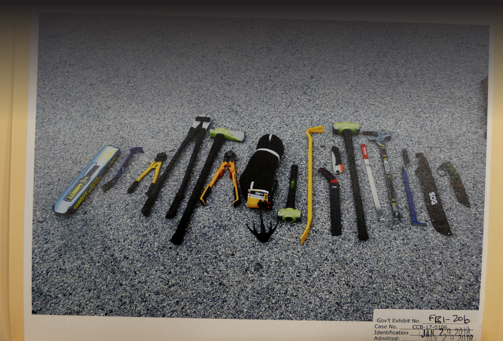 Federal prosecutors say this array of tools was recovered from a bag in the back of Wayne Jenkins’ police department van. Baltimore,Maryland, 2019. Image by U.S. Attorney's Office.