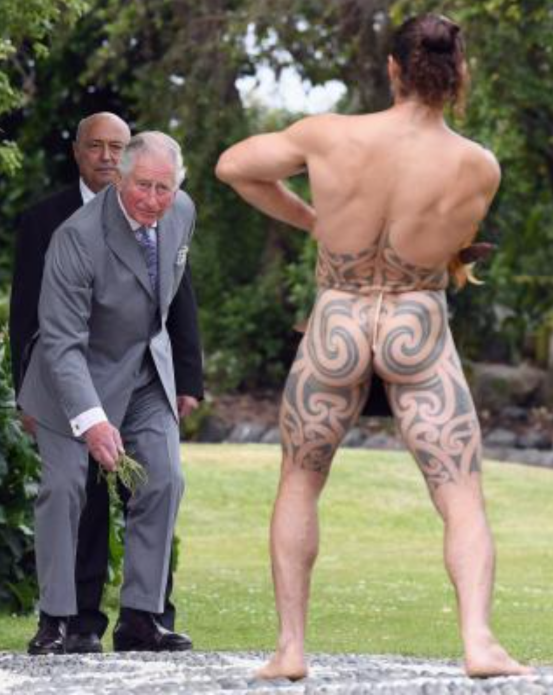 Prince Charles enjoying a traditional welcome to Kaikoura, New Zealand, during a six-day trip with the Duchess of Cornwall. He will visit the Solomon Islands today. Image by Kai Schwoerer. New Zealand, 2019.
