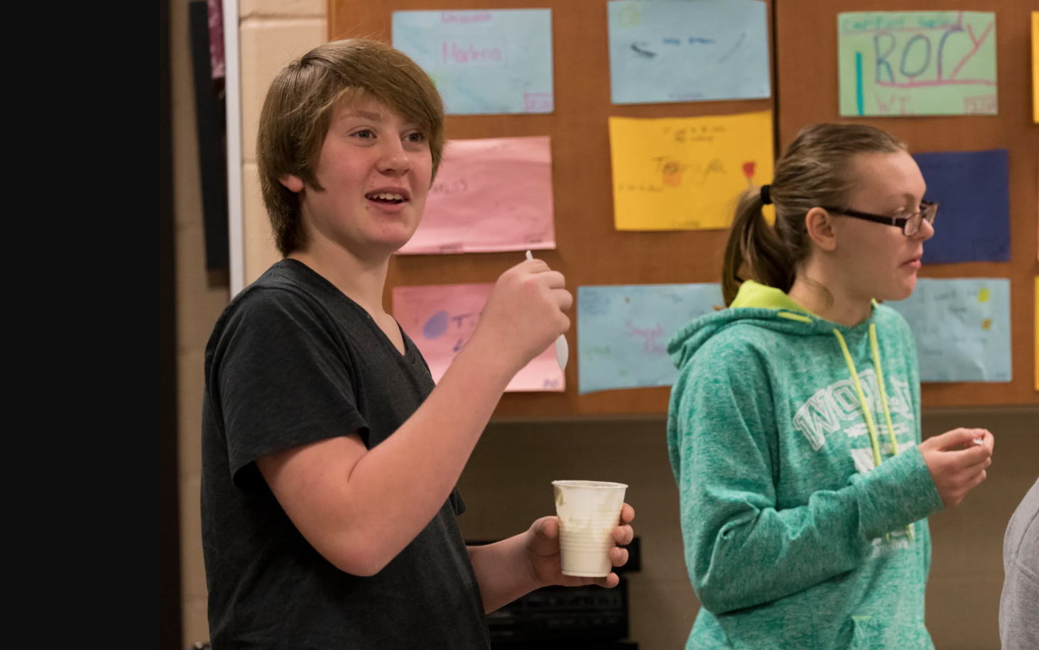 Thomas Cummings, left, takes part in a taste test of dairy and non-dairy products during a food science class at Cashton Middle/High School in Cashton. Image by Mark Hoffman/ Milwaukee Journal Sentinel. United States, 2020.