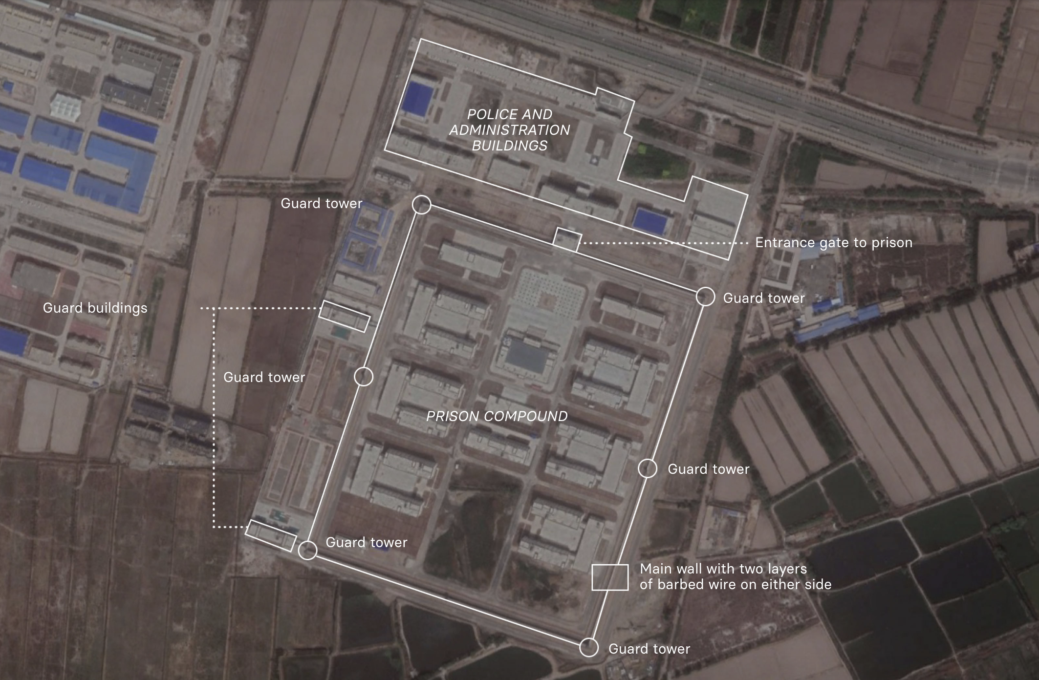 The camp at Shufu, in Xinjiang, seen by satellite on April 26, 2020. Image courtesy of BuzzFeed News/Google Maps. China, 2020.