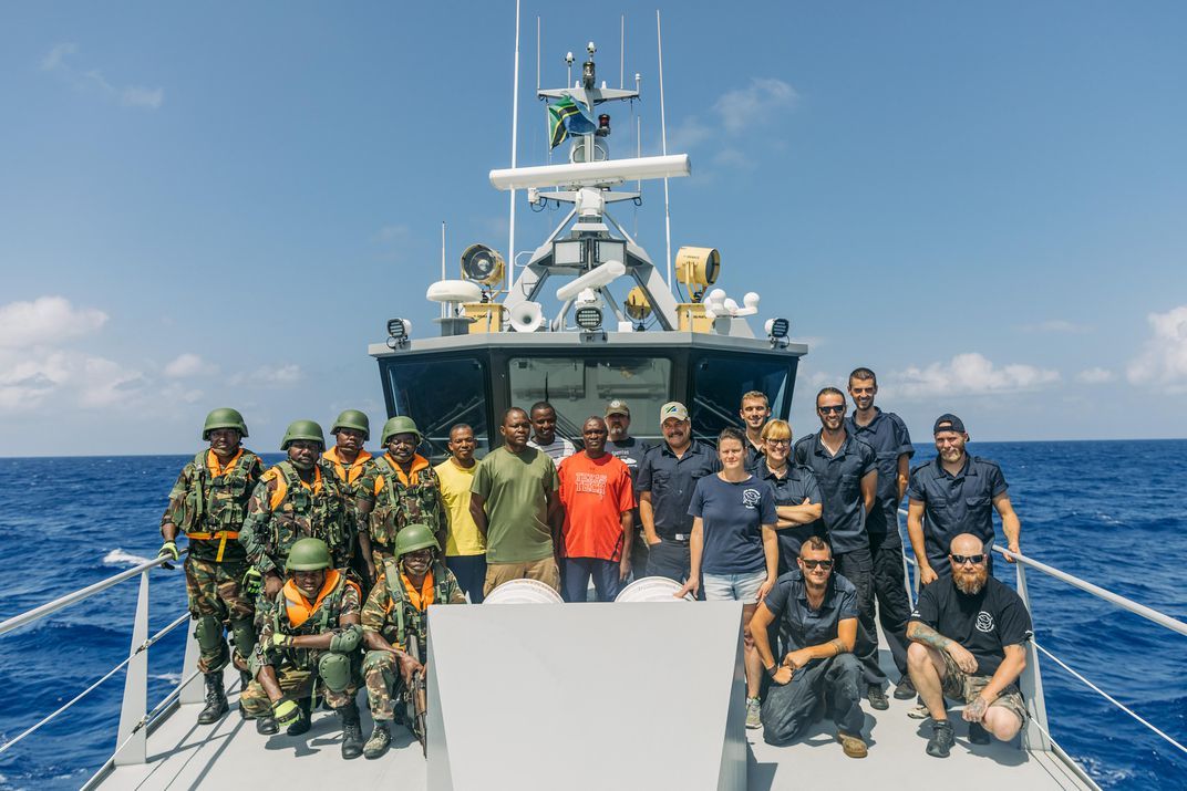 Tanzanian Marines and Ocean Warrior patrol vessel crew on Operation Jodari, Sea Shepherd's partnership with the Tanzanian government to combat illegal, unregulated, and unreported fishing. Image by Jax Oliver/Sea Shepherd. Tanzania, 2018.