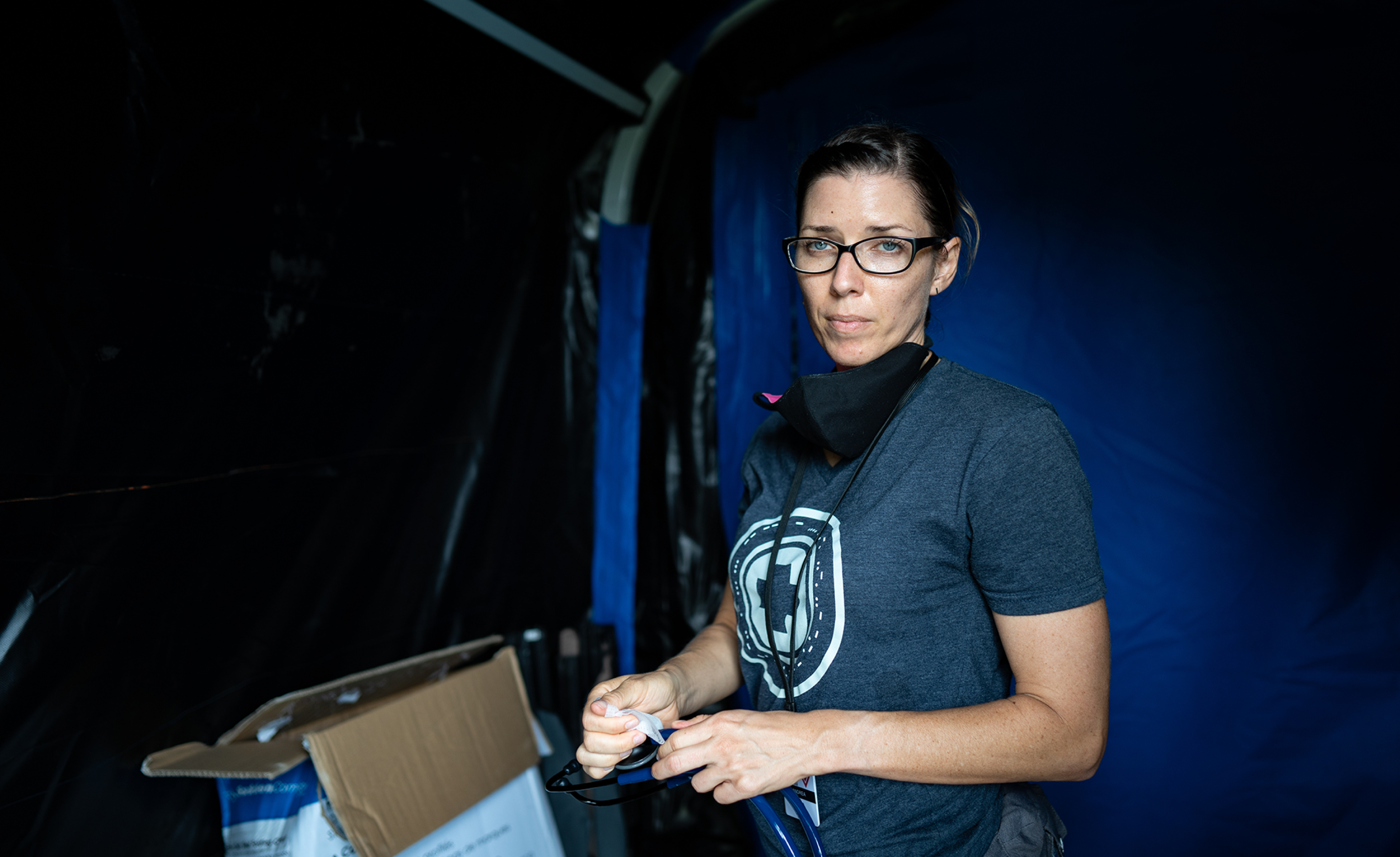 Andrea Leiner at the Matamoros tent camp. Image by Lexie Harrison-Cripps. Mexico, 2020.