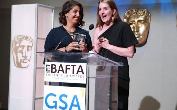 Ingrid Holmquist and Sana Malik receiving BAFTA Student Film Award for their film "Guanajuato Norte". United States, 2019.