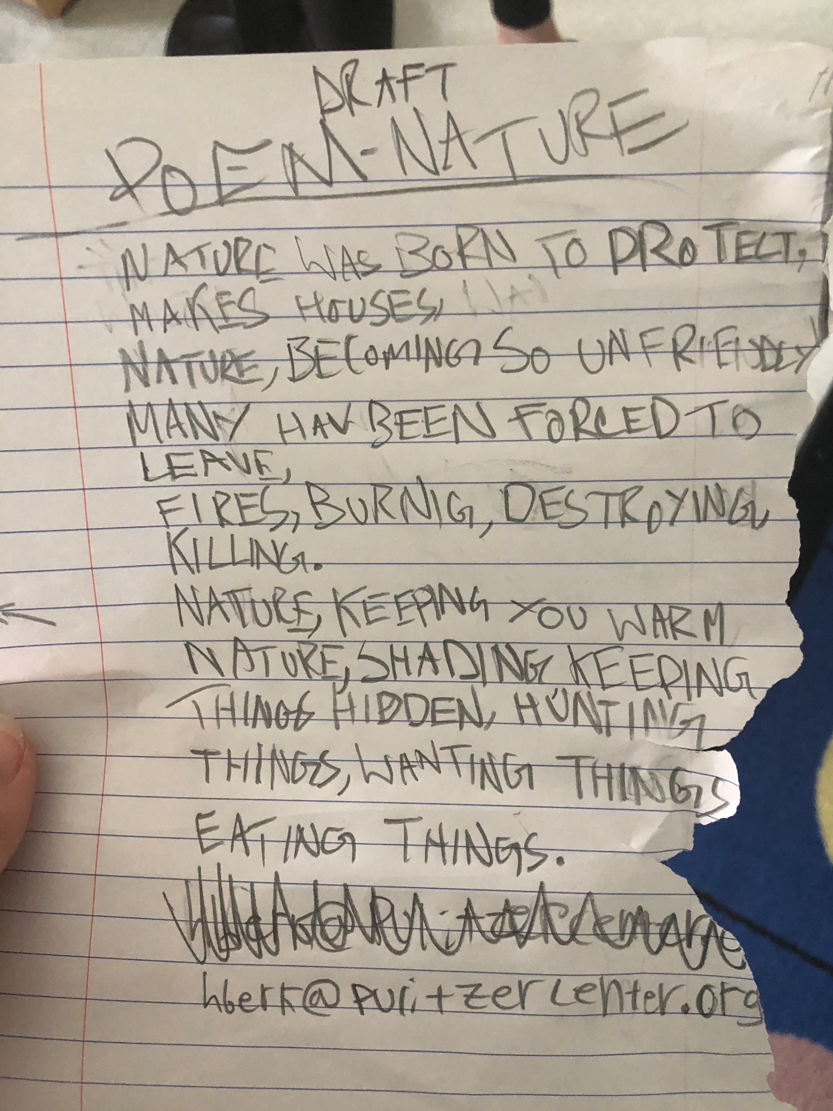 Poem by a 3rd grade student at Washington Yu Ying, written in response to "A Threat to Cambodia’s Sacred Forests" by Kalyanee Mam. Image by Hannah Berk. United States, 2019.