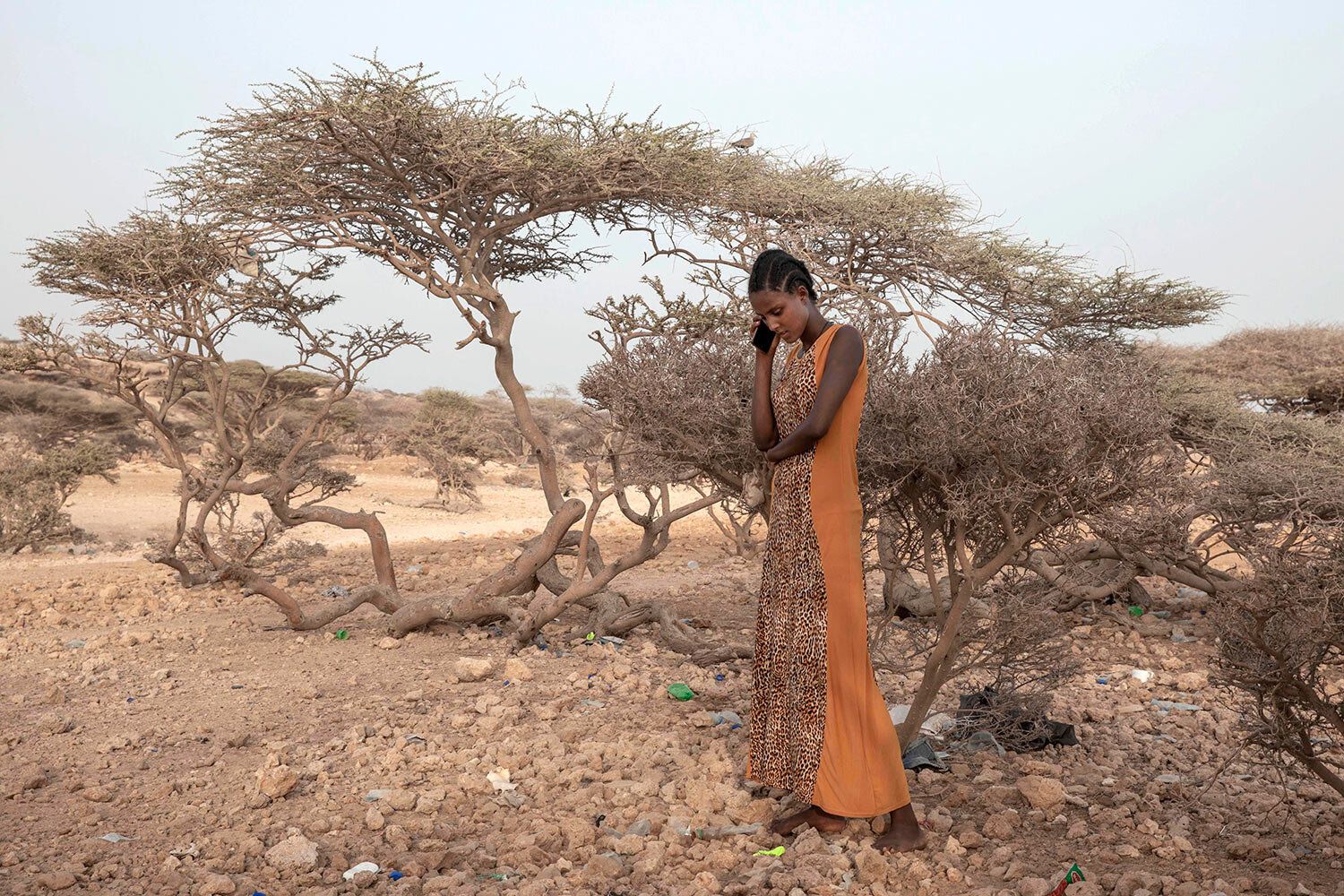 In this July 15, 2019 photo, 16-year old Hades, an Ethiopian Tigray migrant, makes a phone call to her mother in Ethiopia, as she takes shelter under trees at the last stop of her journey before leaving by boat to Yemen in the evening, in Obock, Djibouti. Image by Nariman El-Mofty / AP Photo. Djibouti, 2019.