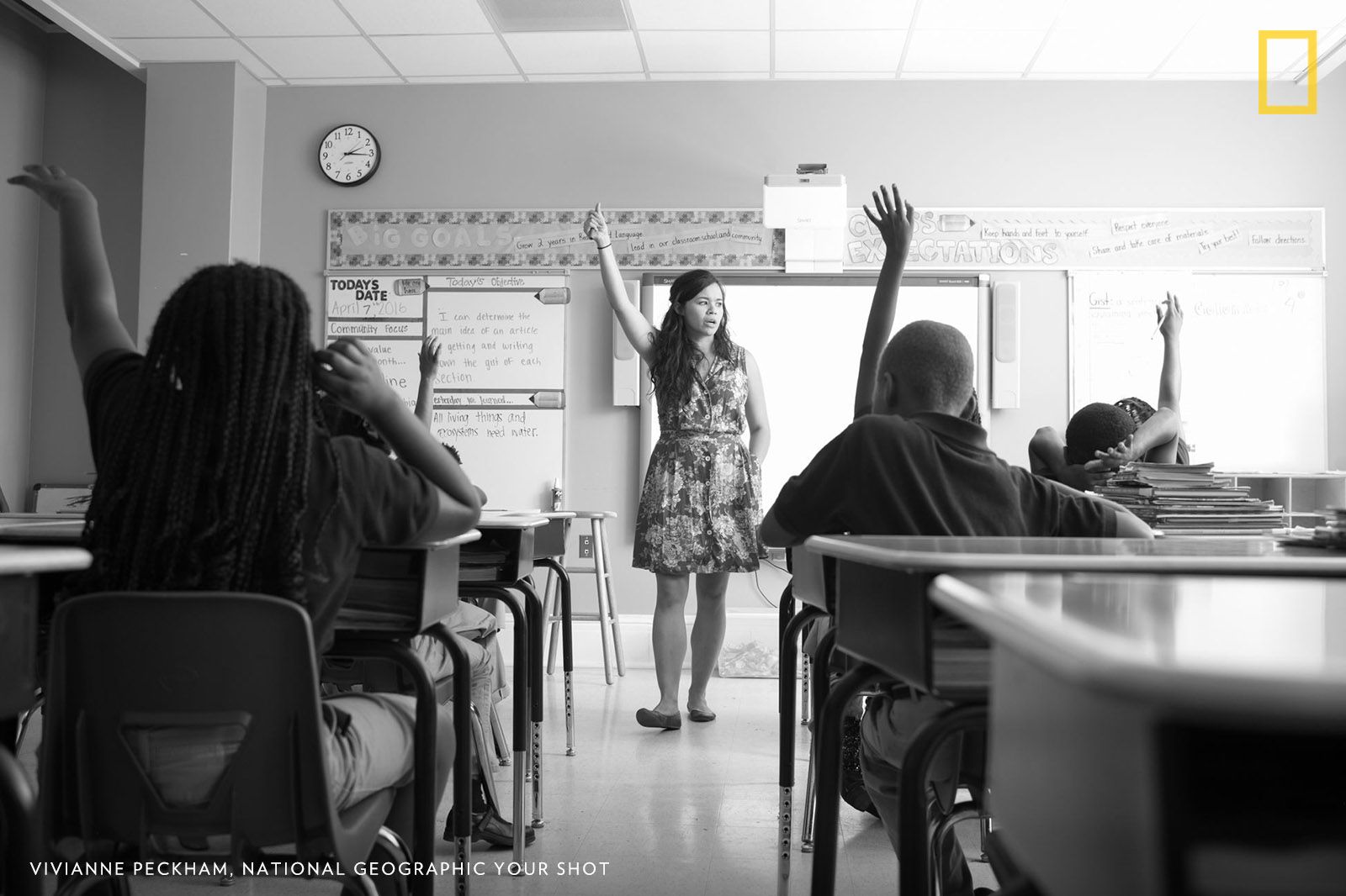 About 70% of K-12 teachers in the U.S. are women. Here English Language Arts teacher Allison Divino leads a class of 6th graders at ARISE Academy (@arise_newday) in New Orleans, LA. Teaching takes enormous stamina, commitment, and strong personal values. Every moment, dozens of eyes monitor how you react, how you treat their classmates, and whether you have something of value to bring to their lives. Image by Vivianne Peckham, National Geographic Your Shot.