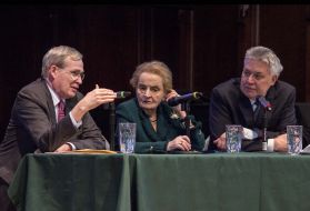 Former National Security Advisor Stephen Hadley, former Secretary of State Madeleine Albright, and Pulitzer Center Executive Director Jon Sawyer at Washington University discussing A New Approach to the Middle East. United States, 2017.
