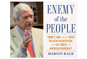 Marvin Kalb (left) next to his book Enemy of the people: Trumps War on the Press, The New McCarthyism, and The Threat to American Democracy.