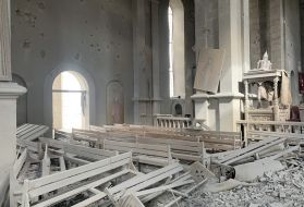 The Ghazanchetsots Cathedral in Shushi, which was hit twice with precision strikes that injured a journalist and several others. Image by Simon Ostrovsky/Newlines. Nagorno-Karabakh, 2020.

